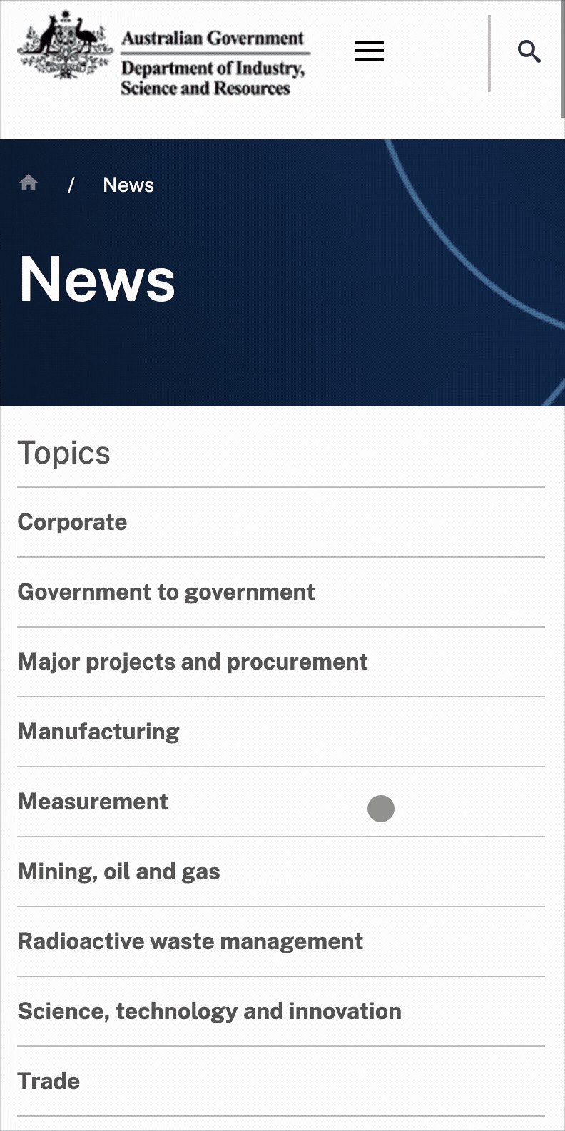 Mobile view of the Department of Industry website in motion